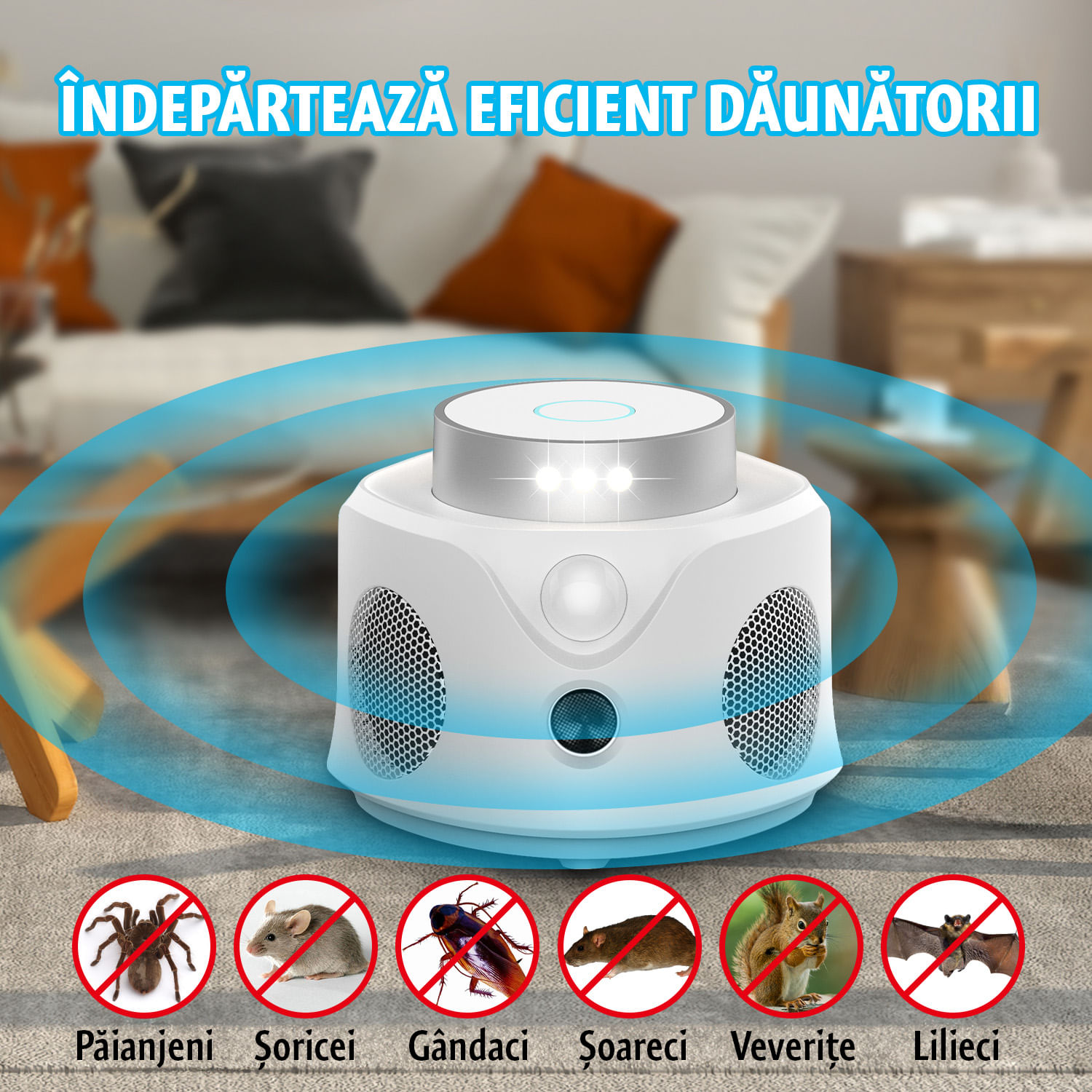 Aparat ultrasunete soareci, Nivazo, 3 moduri functionare, acoperire pana la 180㎡, 9 led-uri cu lumina stroboscopica, 4 difuzoare, alb — imaginea 3