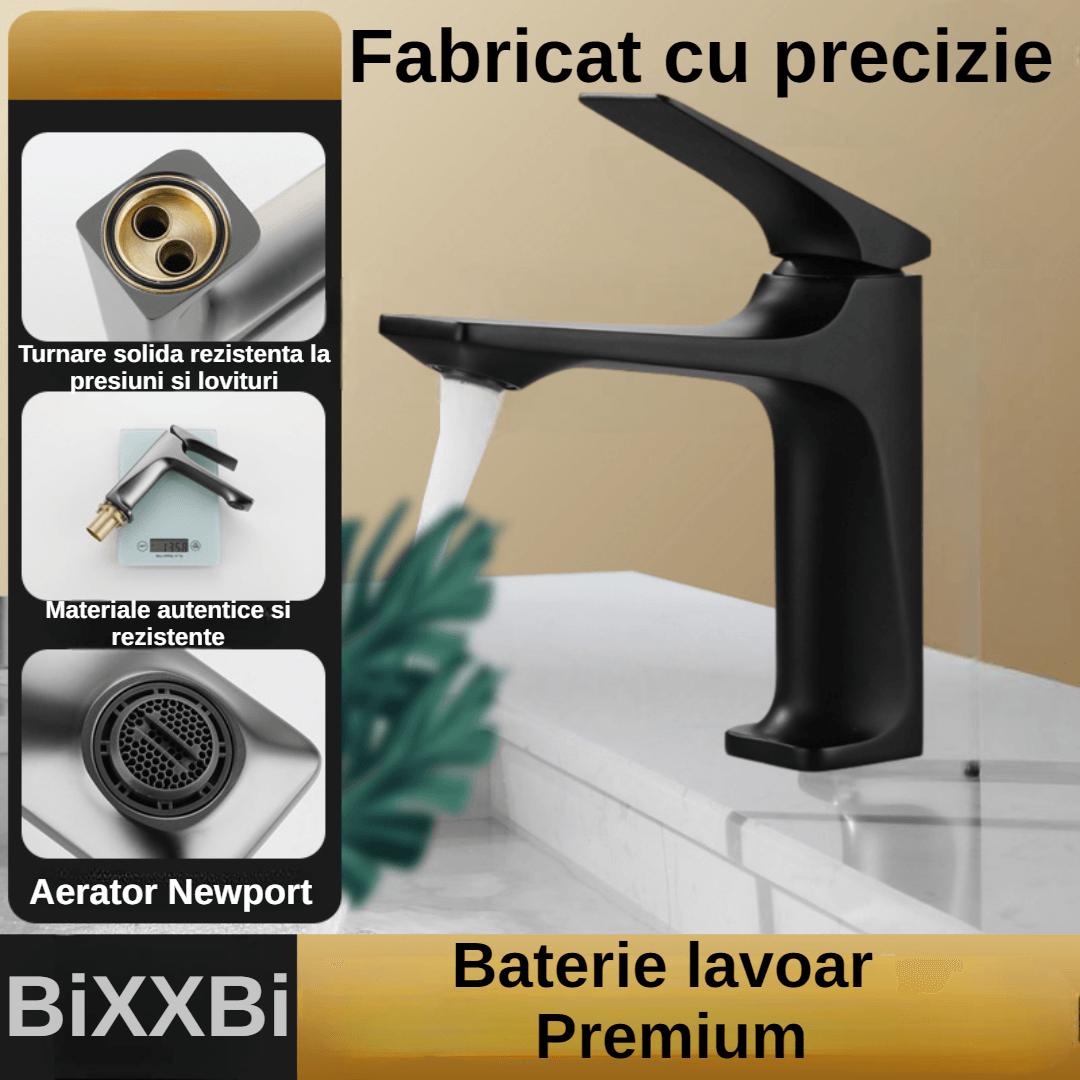 Baterie Lavoar BiXXBi Bath X, Cupru, Aerator Newport, Cartus Ceramic, Premium, Design Modern, Negru - 3 | YEO