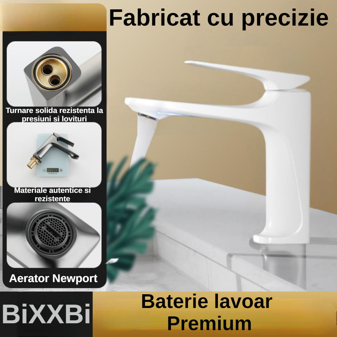 Baterie Lavoar BiXXBi Bath X, Cupru, Aerator Newport, Cartus Ceramic, Premium, Design Modern, Alb - 1 | YEO