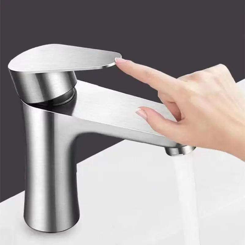 Baterie sanitara MaGeCa® pentru lavoar, Otel inoxidabil, Racorduri incluse, Design modern, 15 cm inaltime, Argintiu — imaginea 3