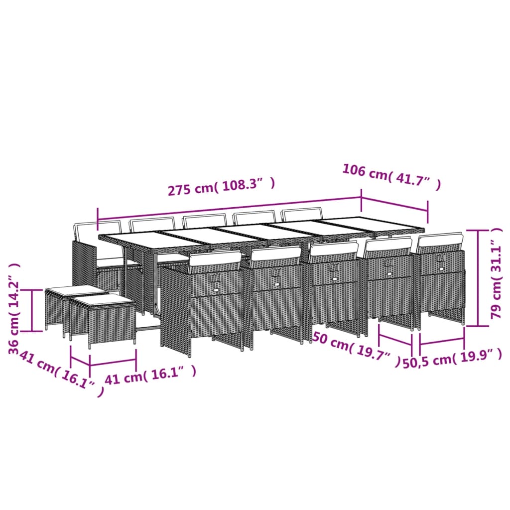 Set mobilier de gradina cu perne, 15 piese, negru, poliratan — imaginea 6