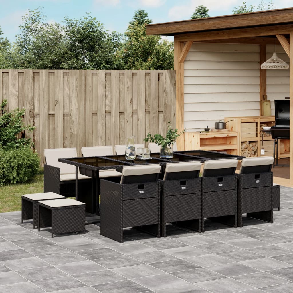Set mobilier de gradina cu perne, 13 piese, negru, poliratan — imaginea 2