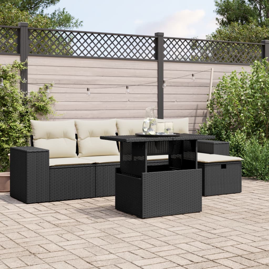Set mobilier de gradina cu perne, 6 piese, negru, poliratan — imaginea 2