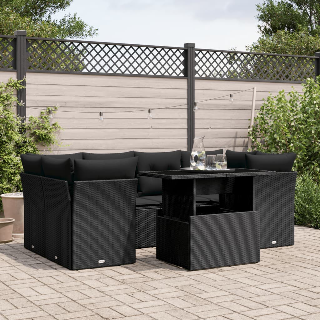 Set canapele de gradina cu perne, 7 piese, negru, poliratan — imaginea 2
