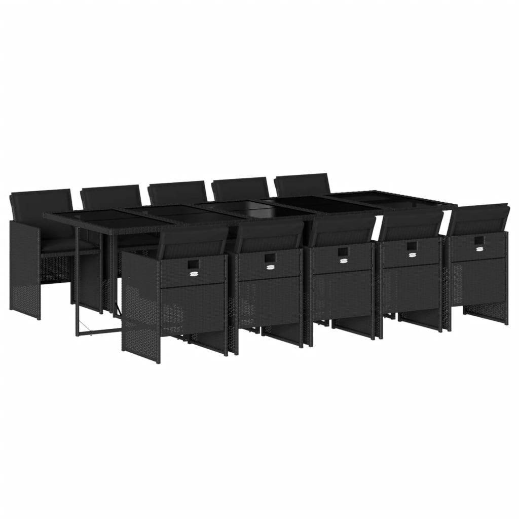 Set mobilier de exterior cu perne, 11 piese, negru, poliratan