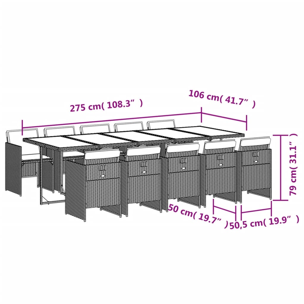 Set mobilier de gradina cu perne, 11 piese, gri, poliratan — imaginea 6