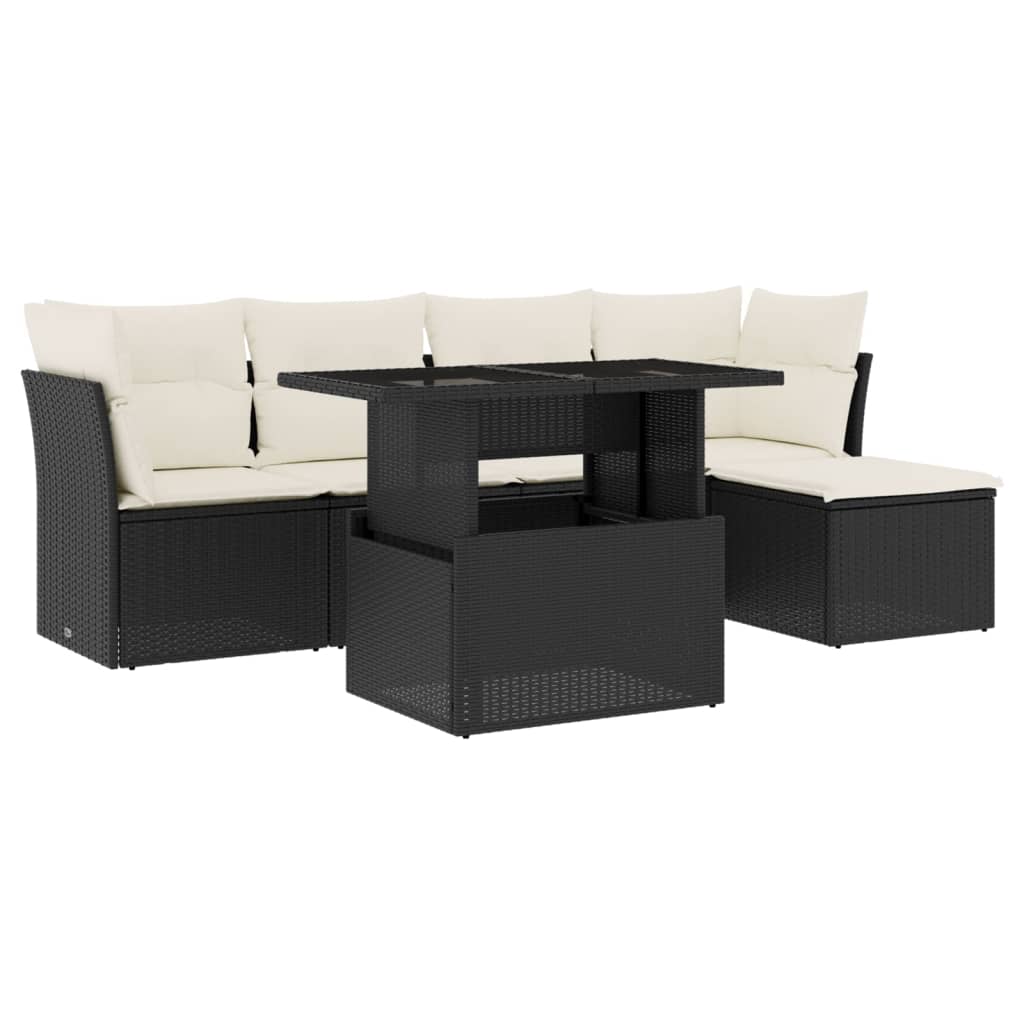 Set mobilier de gradina cu perne, 6 piese, negru, poliratan