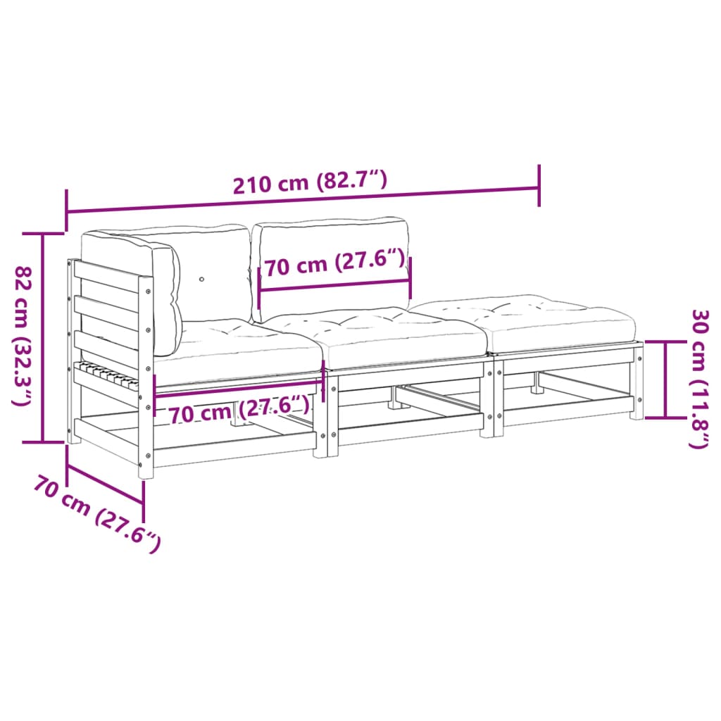 Set canapele de gradina cu perne, 3 piese, lemn masiv de pin — imaginea 12