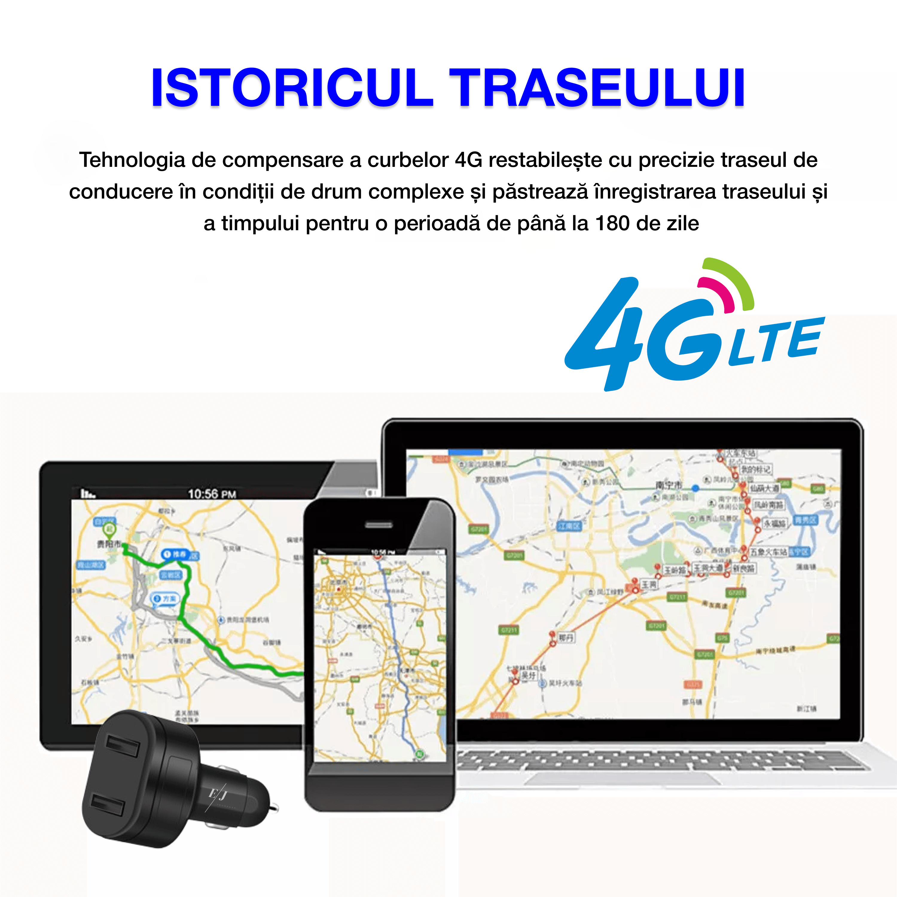 Incarcator auto cu incarcare rapida si tracker GPS, D6, 4G, interfata USB dubla, localizare in timp real, antifurt