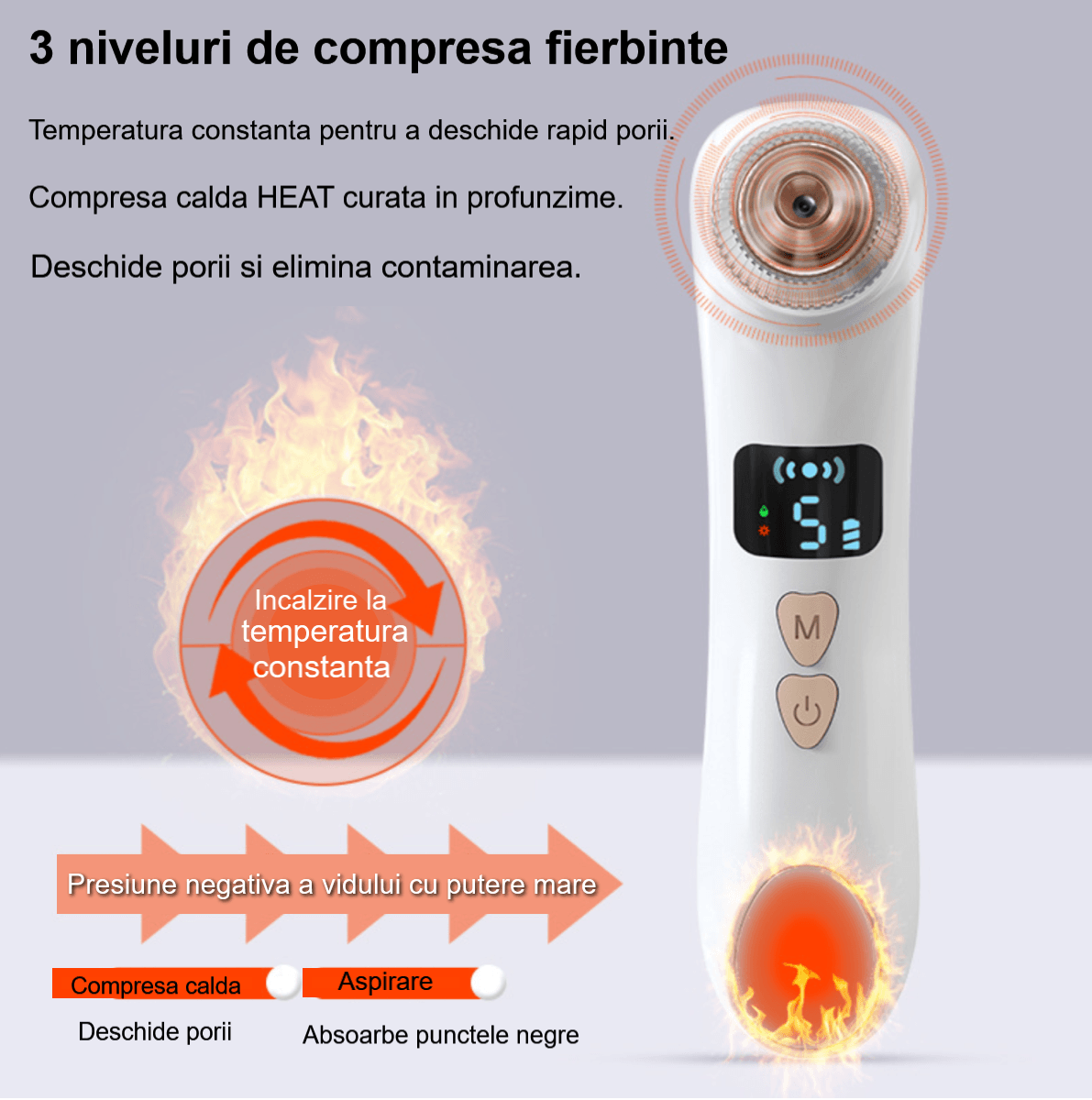 Aparat Vacuum PREMIUM pentru Indepartare Puncte Negre, 6 capete incluse, 3 niveluri temperatura, 5 niveluri putere - 4 | YEO