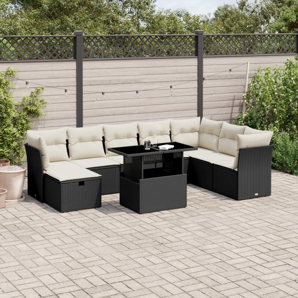 Set mobilier de gradina cu perne, 9 piese, negru, poliratan — imaginea 2