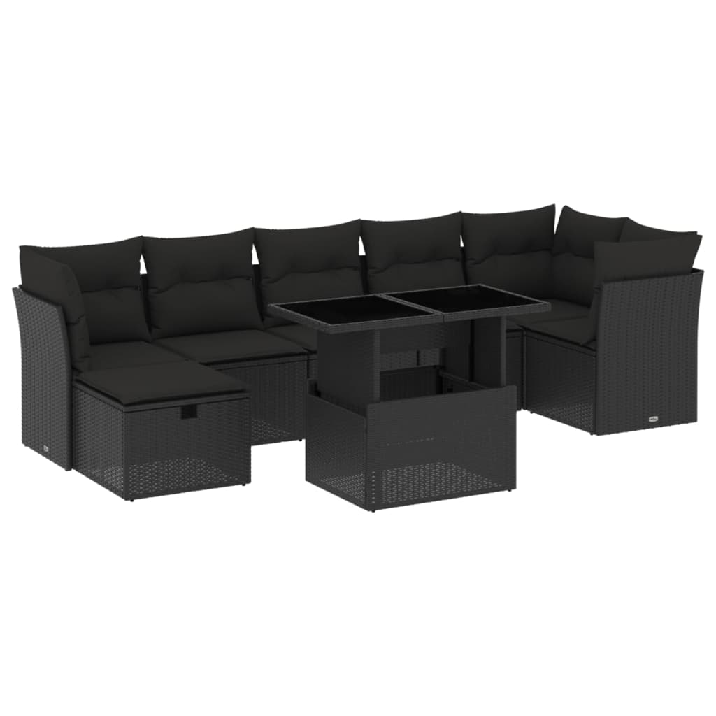 Set mobilier de gradina cu perne, 8 piese, negru, poliratan