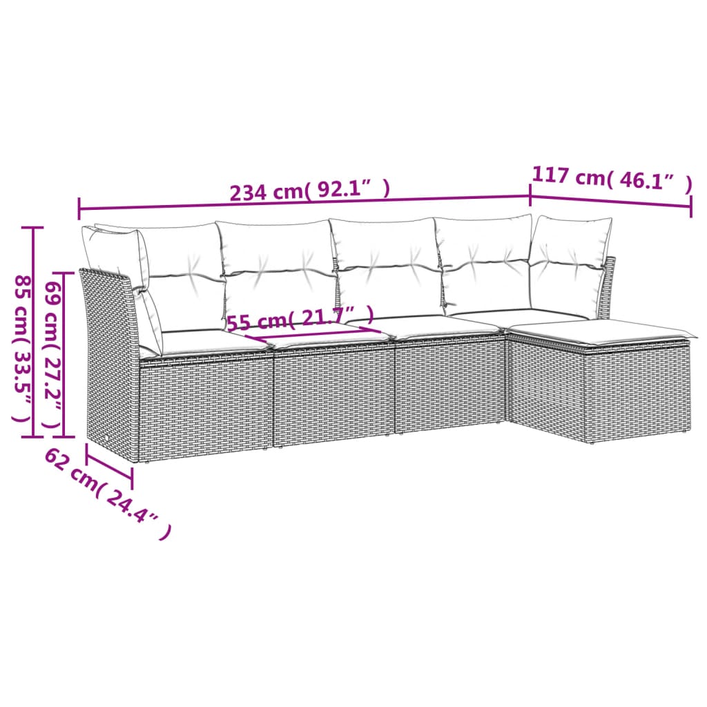Set canapele de gradina cu perne, 5 piese, maro, poliratan — imaginea 3