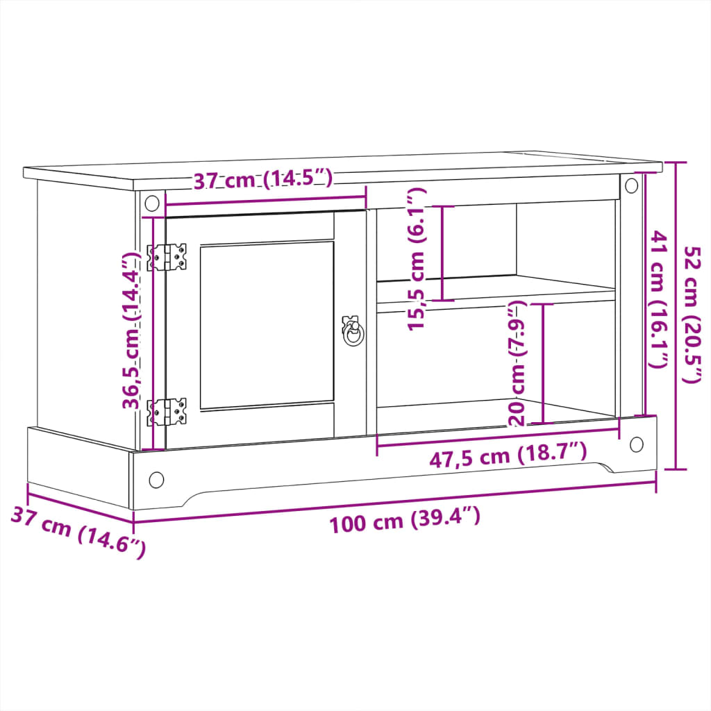 Dulap TV „Corona”, 100x37x52 cm, lemn masiv de pin — imaginea 9