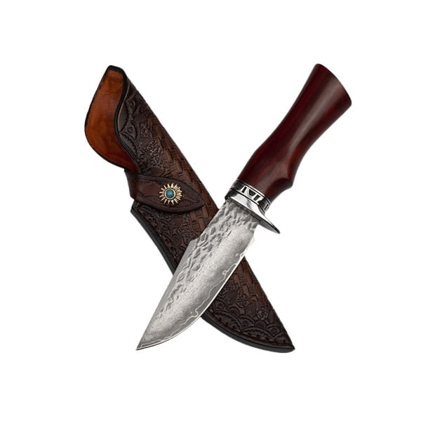 Cutit de vanatoare, IdeallStore®, Fixed Blade, Husa Piele, Otel Damasc