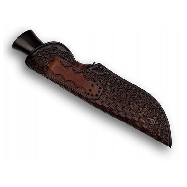 Cutit de vanatoare, IdeallStore®, Fixed Blade, Husa Piele, Otel Damasc, Negru