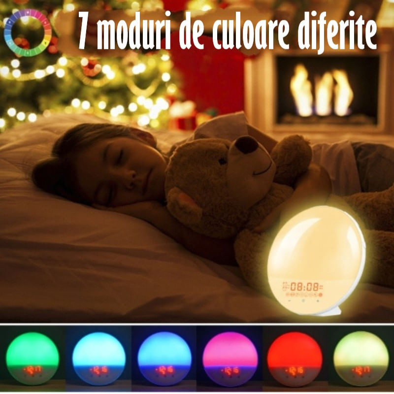 Lampa LED Inteligenta,Radio FM cu Ceas si Alarma,Simulare Rasarit&Apus de Soare,Sunete albe,7 culori,Smart Wake-up light - 3 | YEO