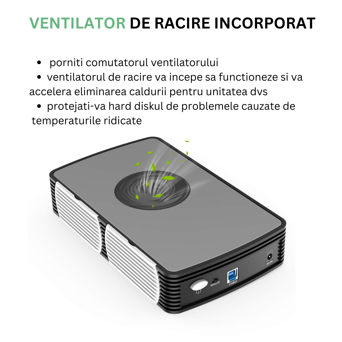 Carcasa pentru hard disk, din aluminiu cu ventilator de racire, Rack HDD/SSD SATA de 2,5/3,5 inchi, USB 3.0/ 5Gbps