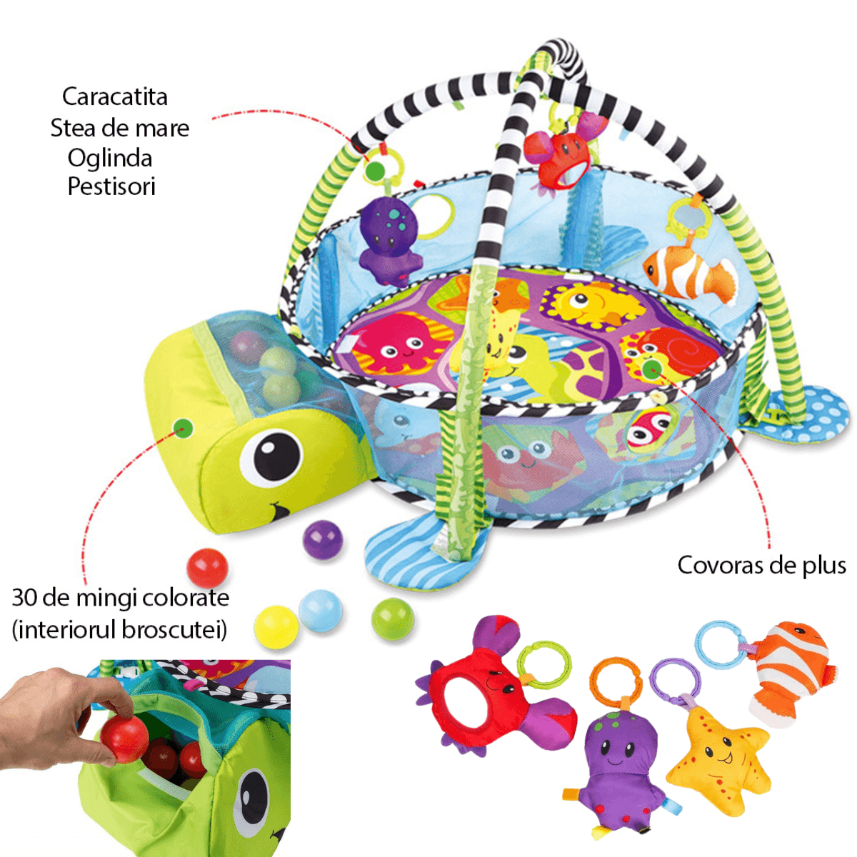 Centru de activitati multifunctional interactiv pentru copii si bebelusi, 3 in 1 tip tarc,Bile moi si Jucarii , 0 luni +