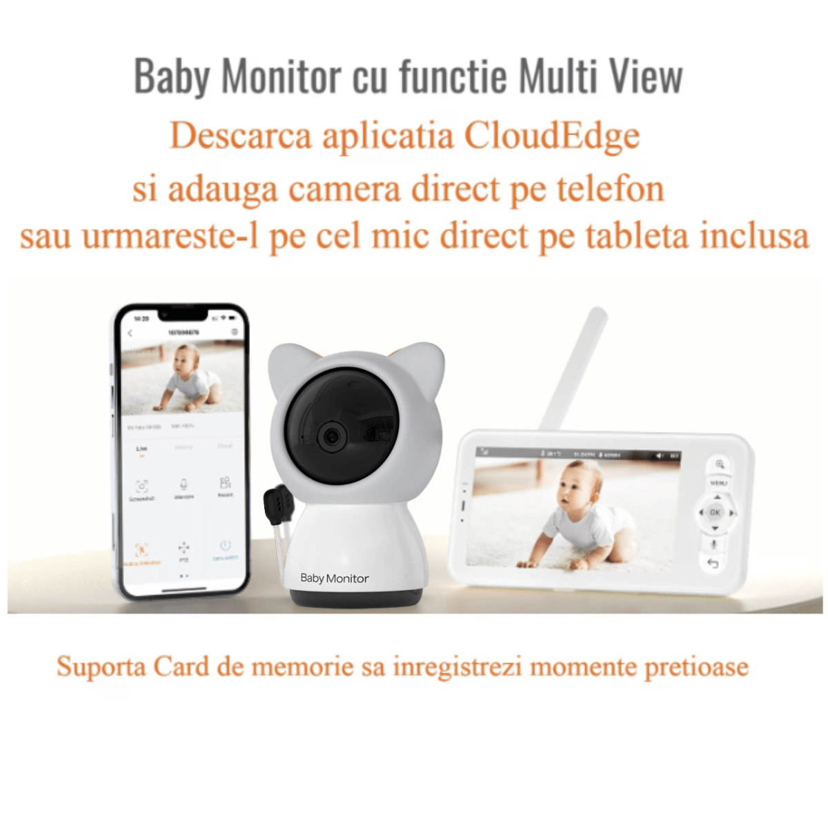 Baby Monitor WiFi 2in1 cu Camera Audio-Video Multi View, UltraHD/5” Night Vision, Aplicatie Telefon, Rotire 355°/90°