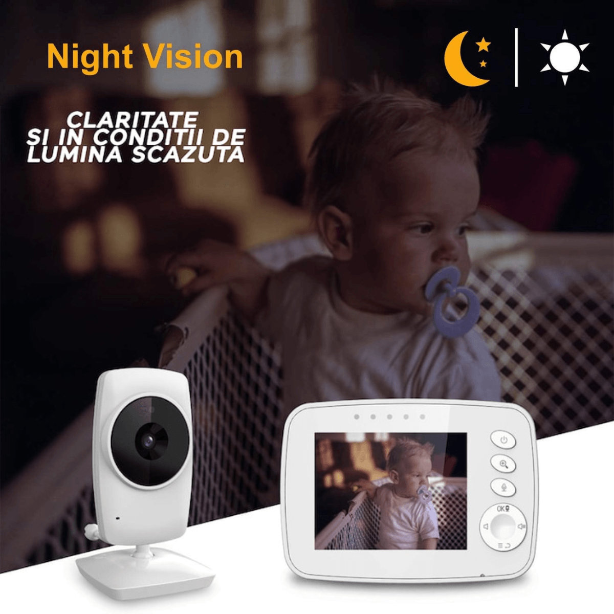 Baby Monitor pentru bebelusi,Sistem Monitorizare Video si Audio Wireless, Raza 300 m, Ecran de 3,2 inch, temperatura - 3 | YEO