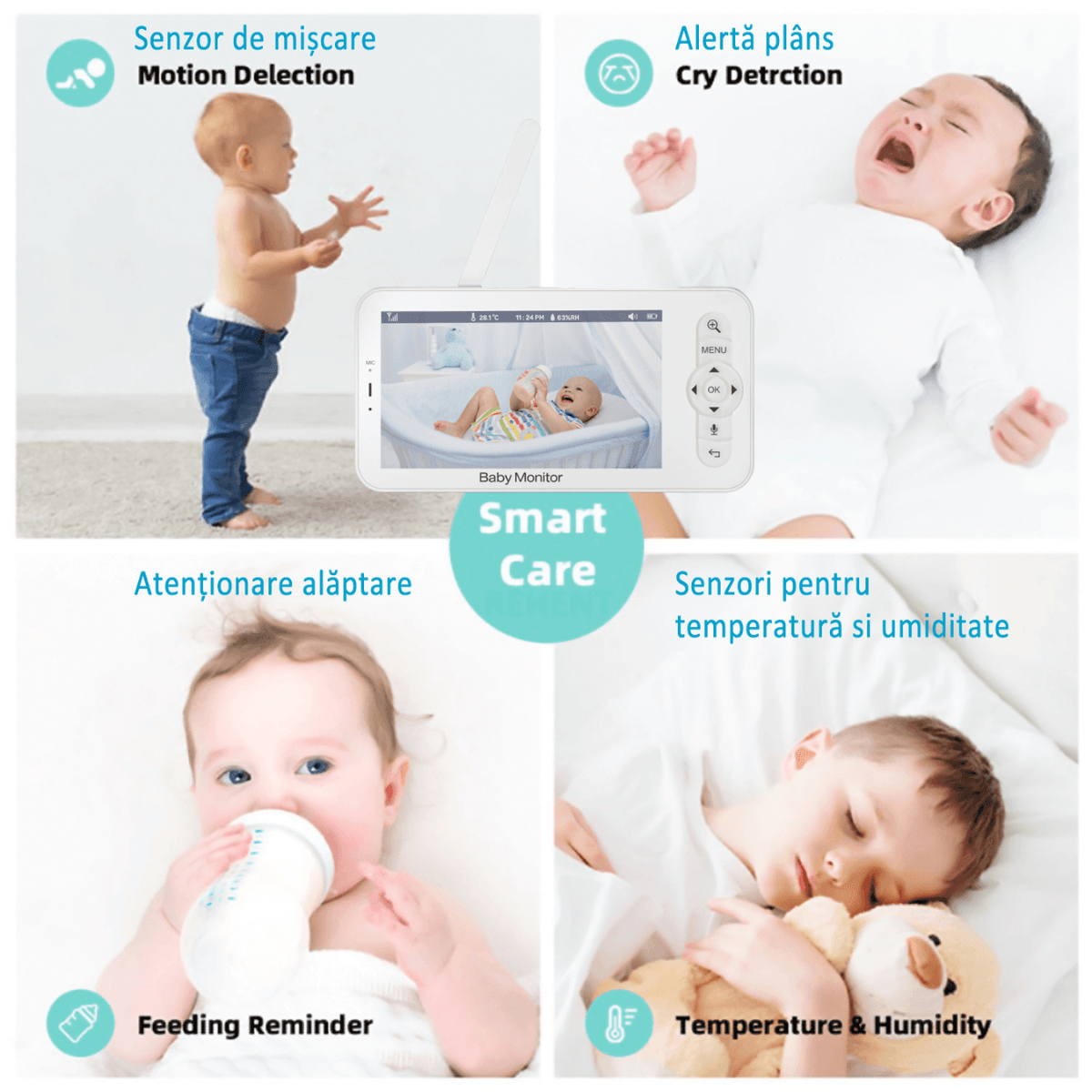 Baby Monitor WiFi 2in1 cu Camera Audio-Video Multi View, UltraHD/5” Night Vision, Aplicatie Telefon, Rotire 355°/90° - 4 | YEO