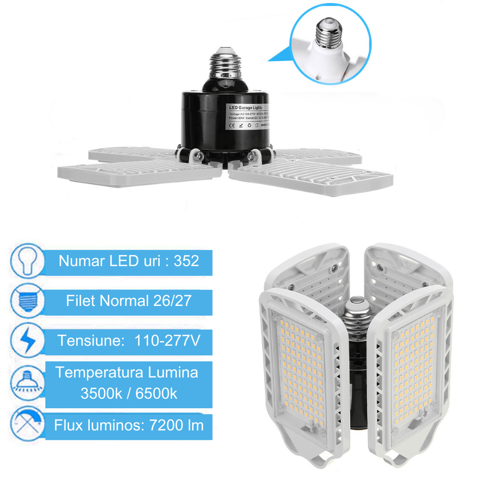 Lampa LED cu 4 brate mobile ajustabile, putere 60W, Bec Iluminare pentru interior Garaj/Depozit/Atelier,4 aripi Pliabile — imaginea 2