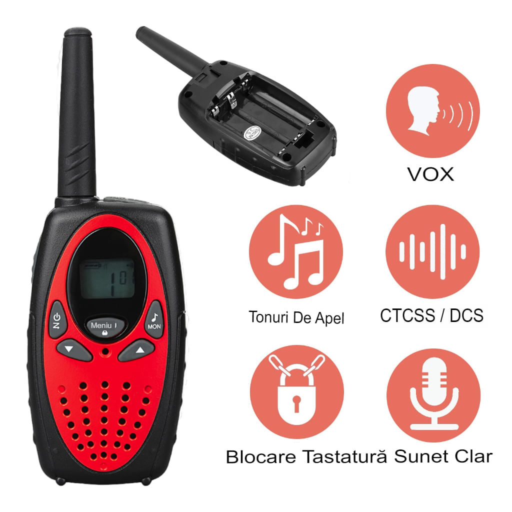 Walkie Talkie Copii si Adulti, Set 2 bucati,cu Raza Lunga de Actiune, Vox, Blocare taste, Sunet clar, Statie radio
