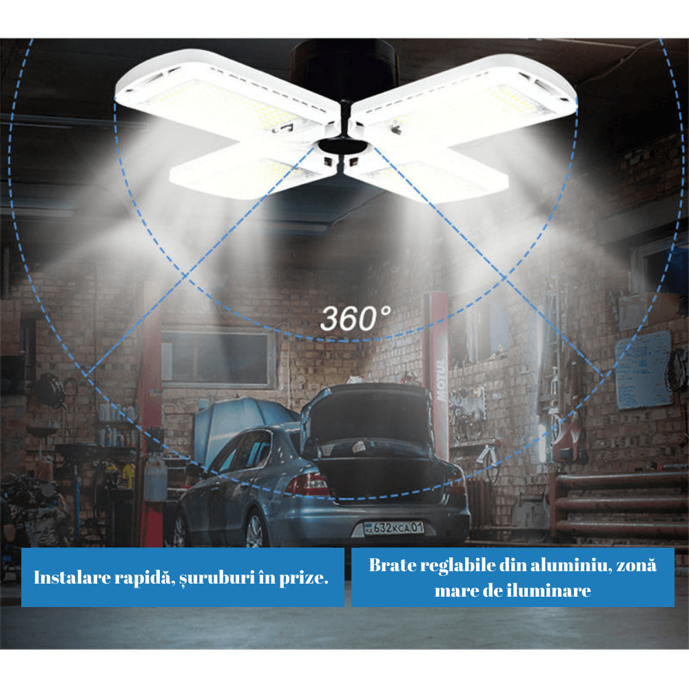 Lampa LED cu 4 brate mobile ajustabile, putere 60W, Bec Iluminare pentru interior Garaj/Depozit/Atelier,4 aripi Pliabile — imaginea 3
