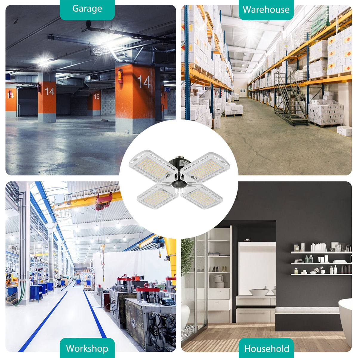 Lampa LED cu 4 brate mobile ajustabile, putere 60W, Bec Iluminare pentru interior Garaj/Depozit/Atelier,4 aripi Pliabile — imaginea 5