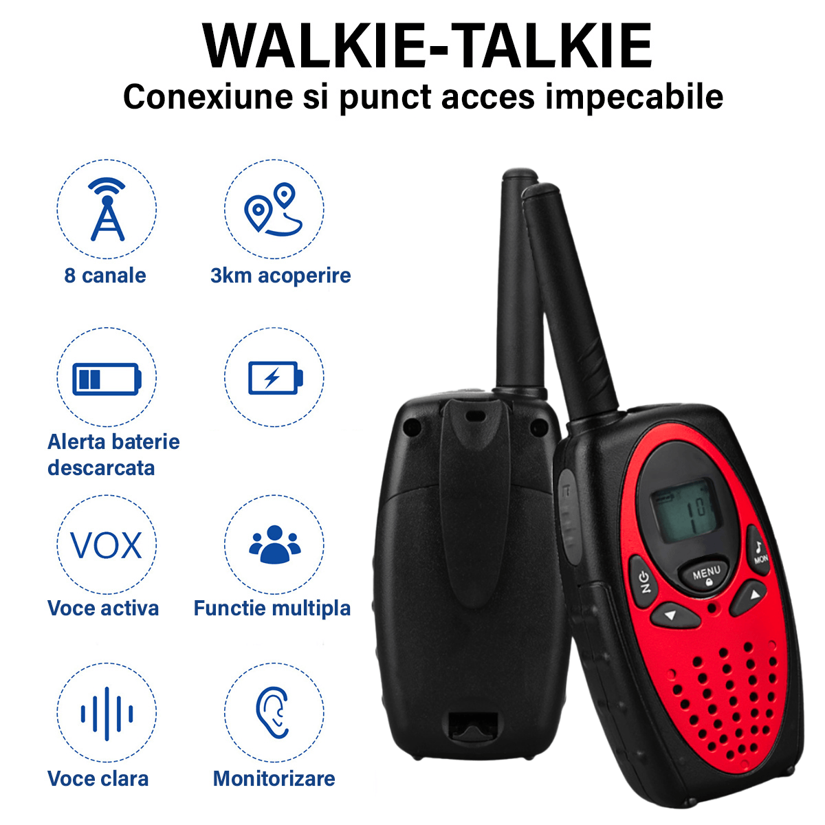 Walkie Talkie Copii si Adulti, Set 2 bucati,cu Raza Lunga de Actiune, Vox, Blocare taste, Sunet clar, Statie radio - 3 | YEO