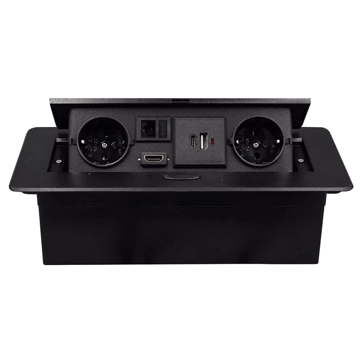 Priza Incorporabila in mobilier, ATOMKIT, 2 Prize Schuko, USB-A+C ,Intrare HDMI, Intrare retea, Cablu 1.8m, Negru