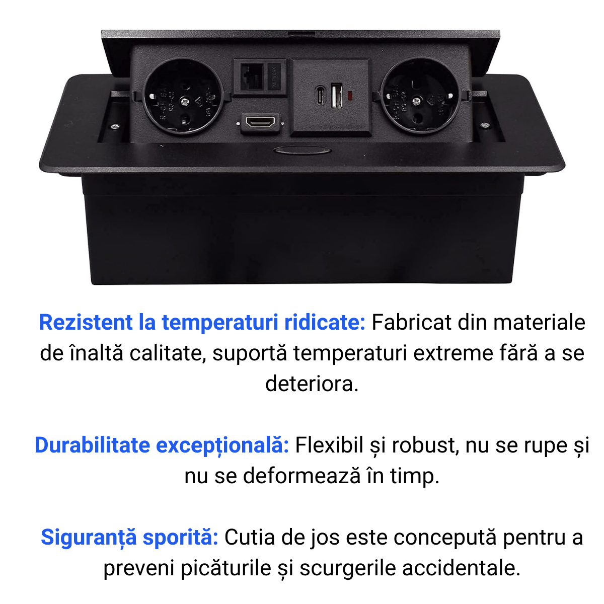 Priza Incorporabila in mobilier, ATOMKIT, 2 Prize Schuko, USB-A+C ,Intrare HDMI, Intrare retea, Cablu 1.8m, Negru - 1 | YEO