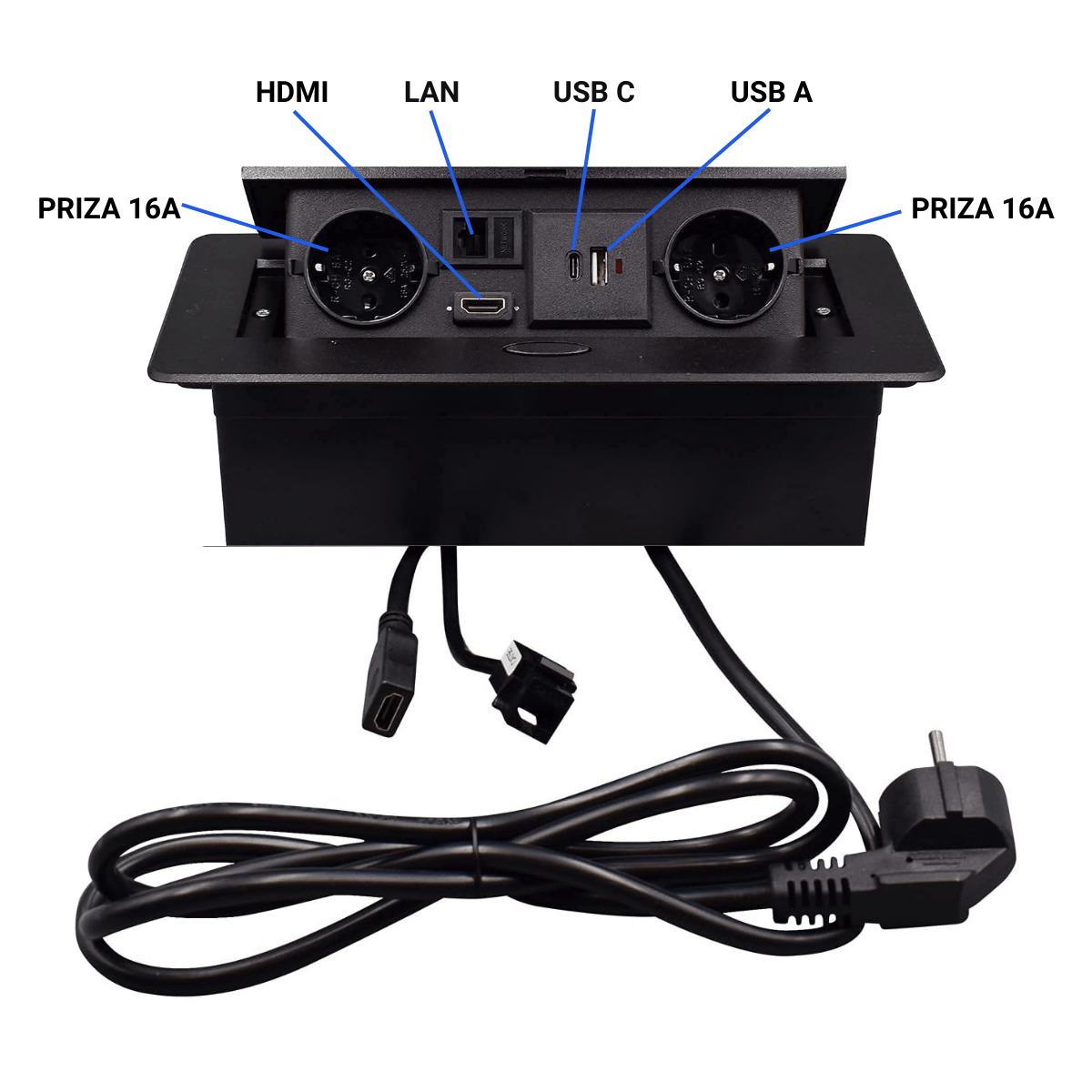 Priza Incorporabila in mobilier, ATOMKIT, 2 Prize Schuko, USB-A+C ,Intrare HDMI, Intrare retea, Cablu 1.8m, Negru - 2 | YEO