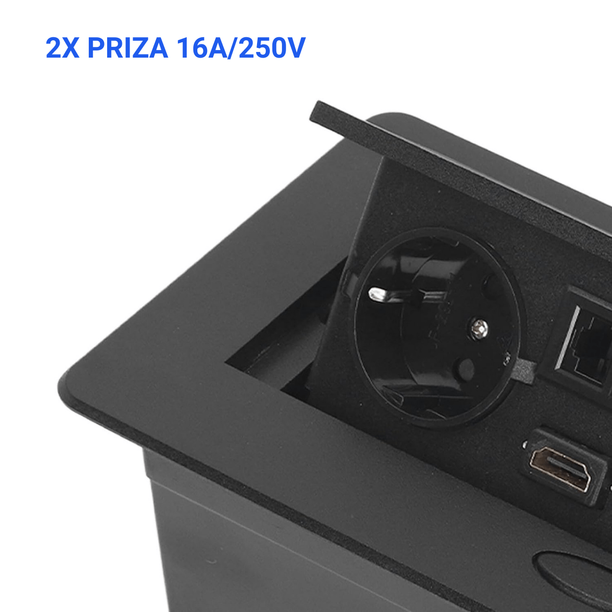 Priza Incorporabila in mobilier, ATOMKIT, 2 Prize Schuko, USB-A+C ,Intrare HDMI, Intrare retea, Cablu 1.8m, Negru - 4 | YEO