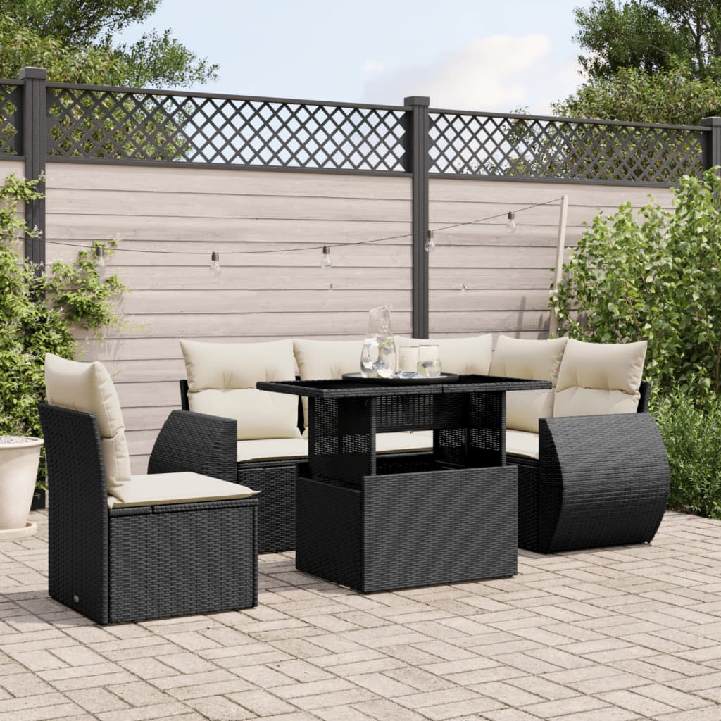 Set mobilier de gradina cu perne, 6 piese, negru, poliratan — imaginea 2