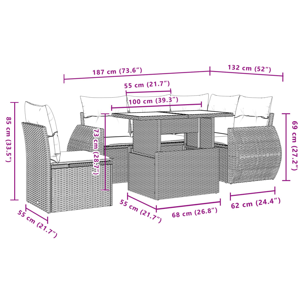 Set mobilier de gradina cu perne, 6 piese, negru, poliratan — imaginea 10