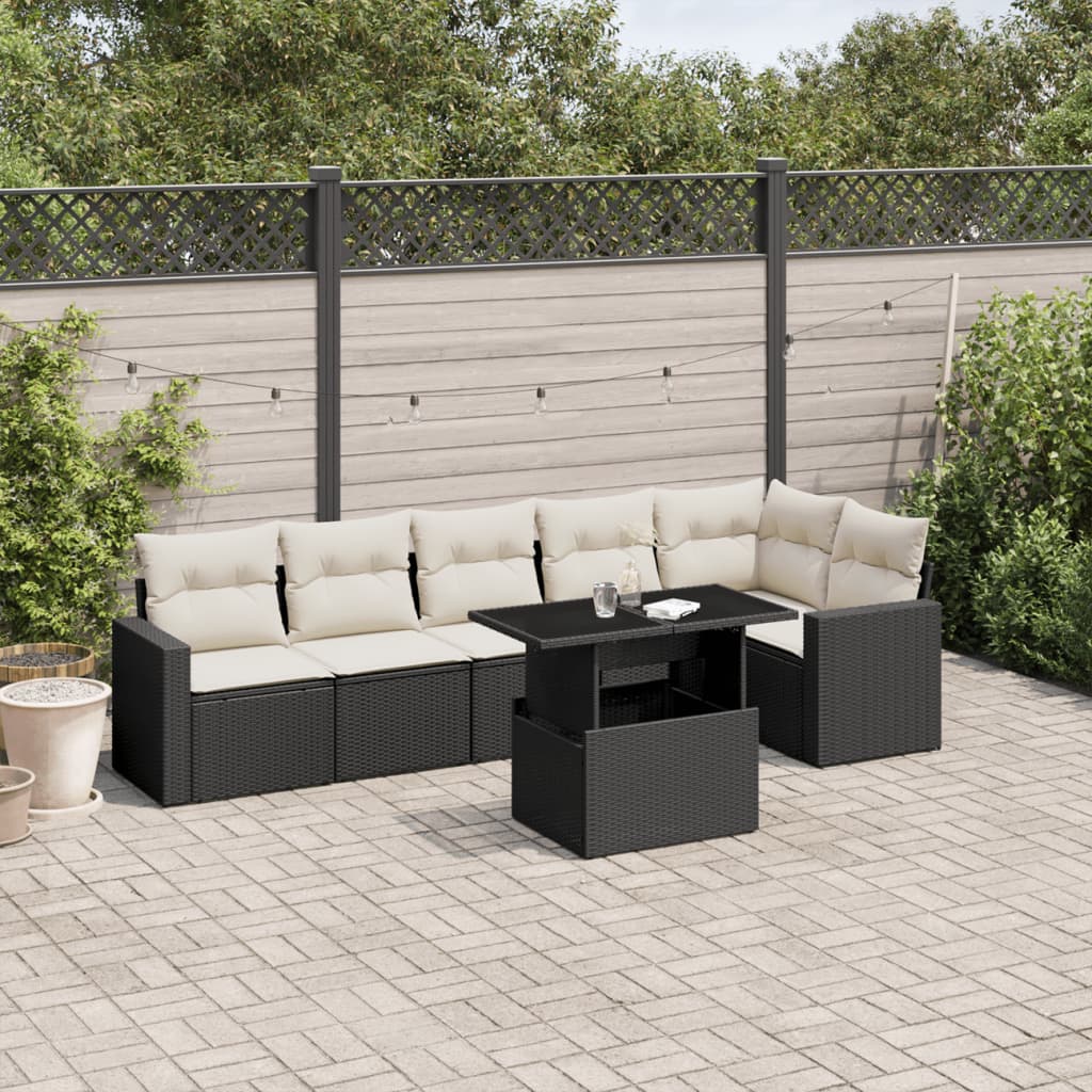 Set canapele de gradina cu perne, 7 piese, negru, poliratan — imaginea 2