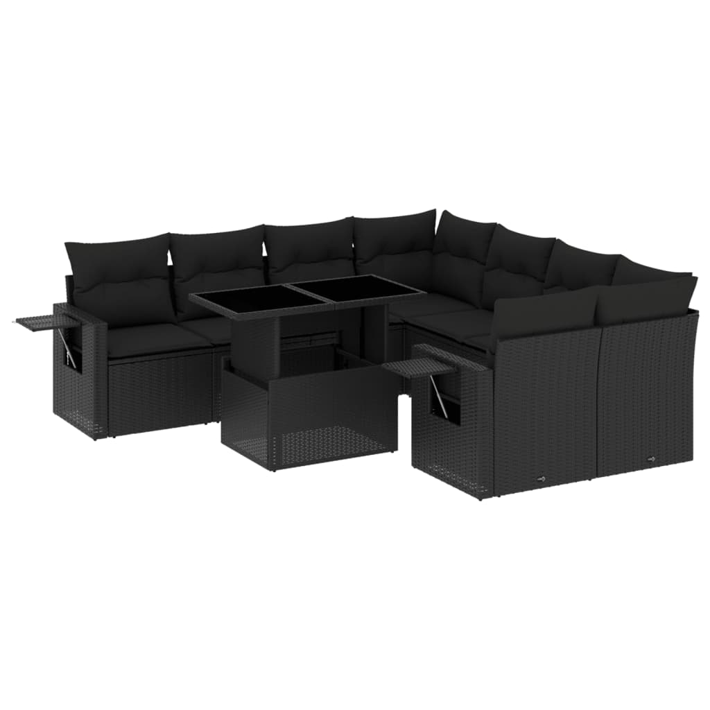 Set mobilier de gradina cu perne, 9 piese, negru, poliratan