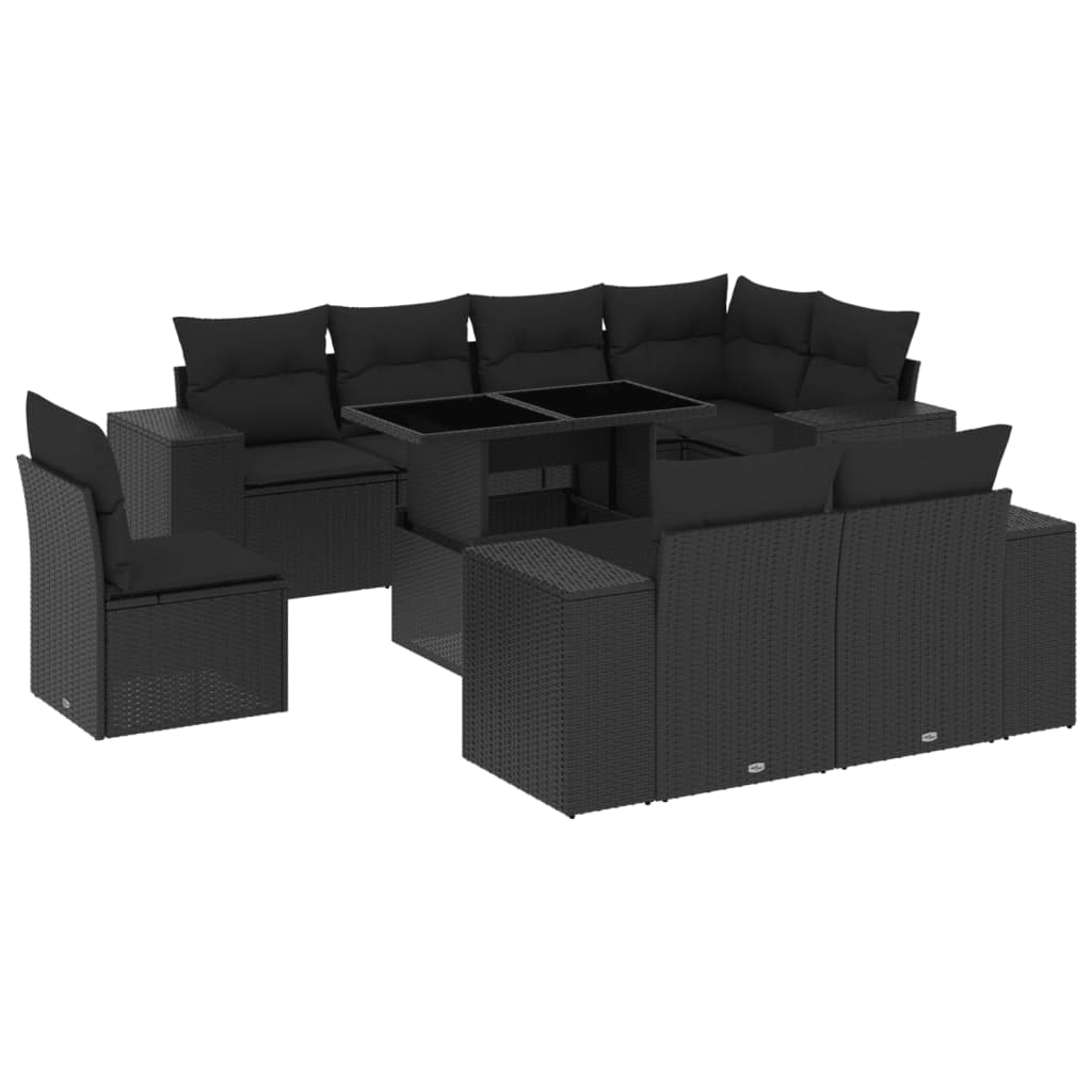 Set mobilier de gradina cu perne, 9 piese, negru, poliratan