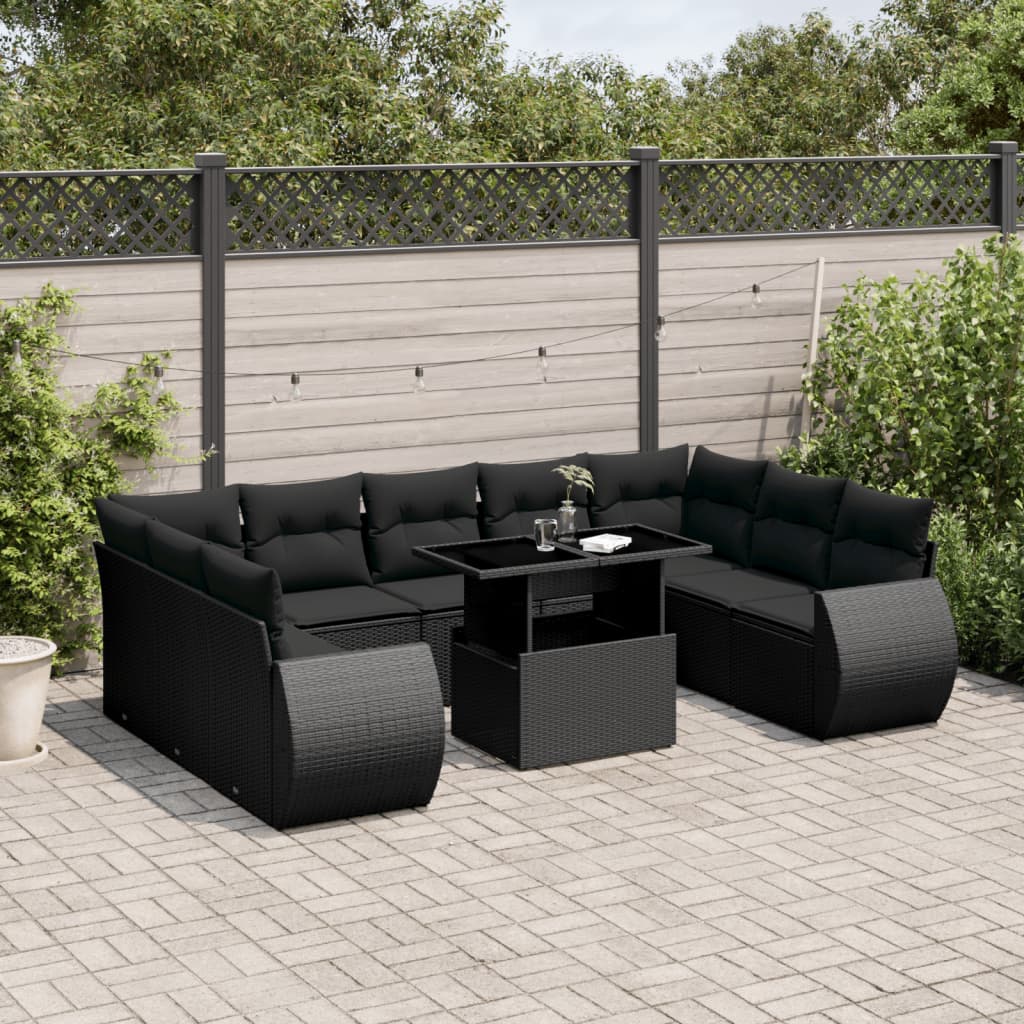 Set canapele de gradina cu perne, 10 piese, negru, poliratan — imaginea 2