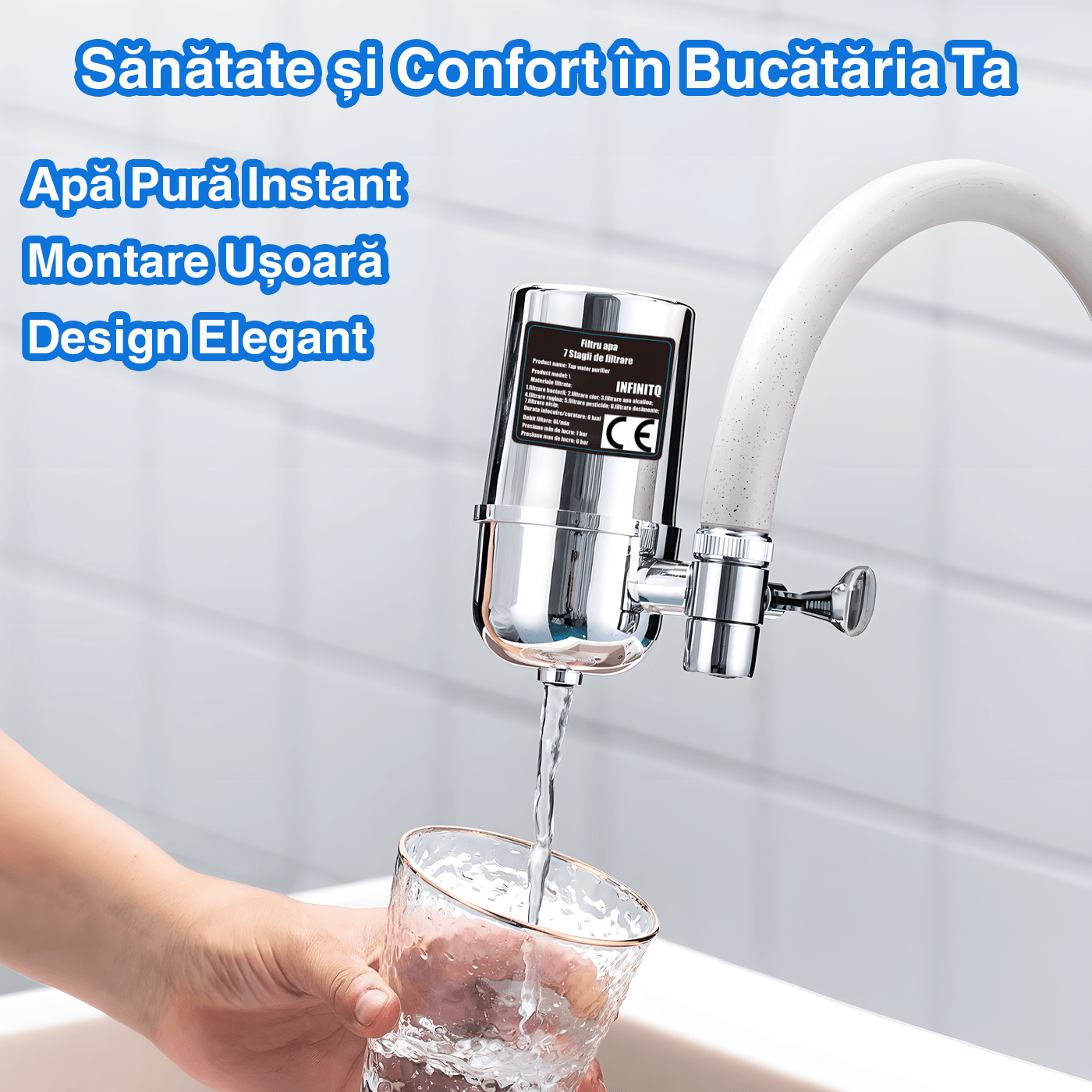 Filtru de Apa Robinet, 7 Nivele de Filtrare, Montare Usoara, Elimina Clorul, Mirosul Neplacut, Cartus Reutilizabil. - 2 | YEO