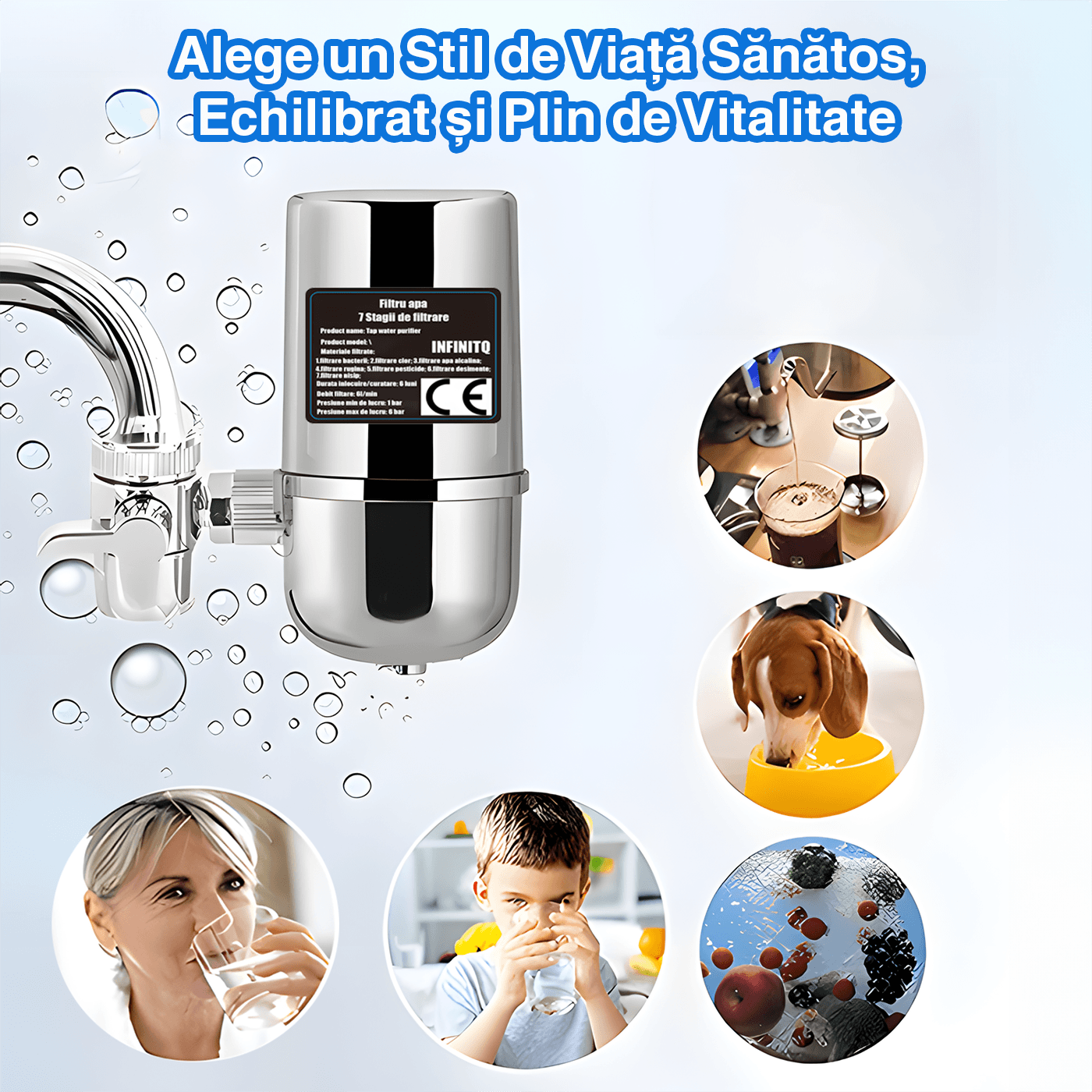 Filtru de Apa Robinet, 7 Nivele de Filtrare, Montare Usoara, Elimina Clorul, Mirosul Neplacut, Cartus Reutilizabil.