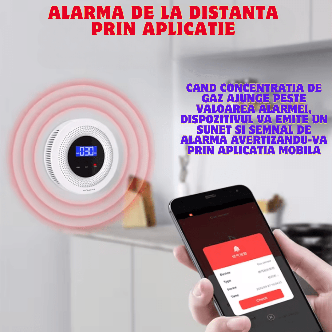 Detector de Gaz OnXsmart®, Multiple tipuri de gaz, Wifi 2.4G, Alarme prin aplicatia Tuya, Senzor de temperatura