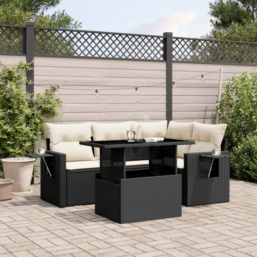 Set mobilier de gradina cu perne, 5 piese, negru, poliratan — imaginea 2