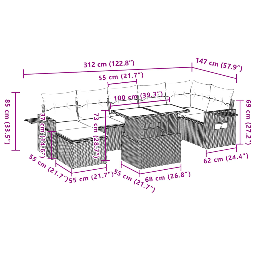 Set mobilier de gradina cu perne, 8 piese, negru, poliratan — imaginea 12