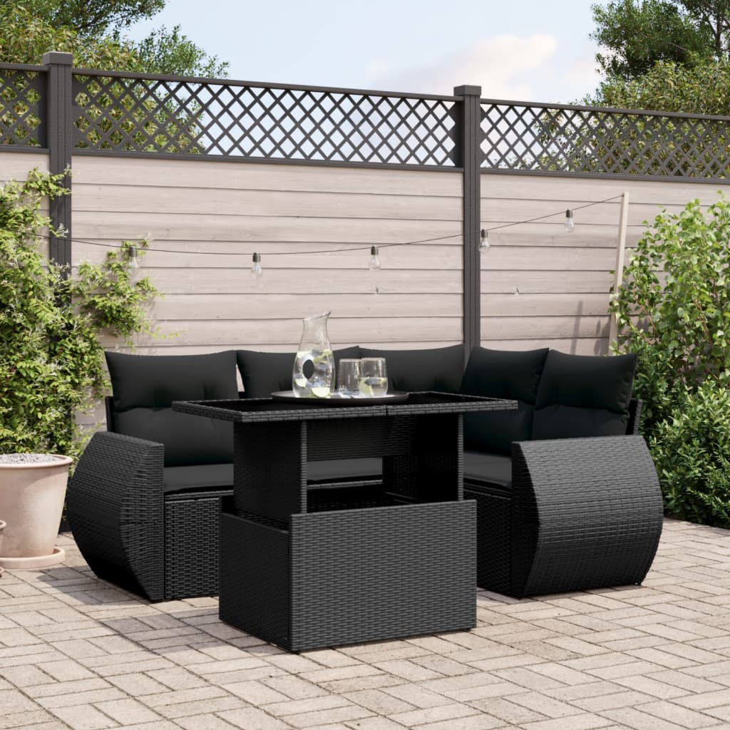 Set mobilier de gradina cu perne, 5 piese, negru, poliratan — imaginea 2