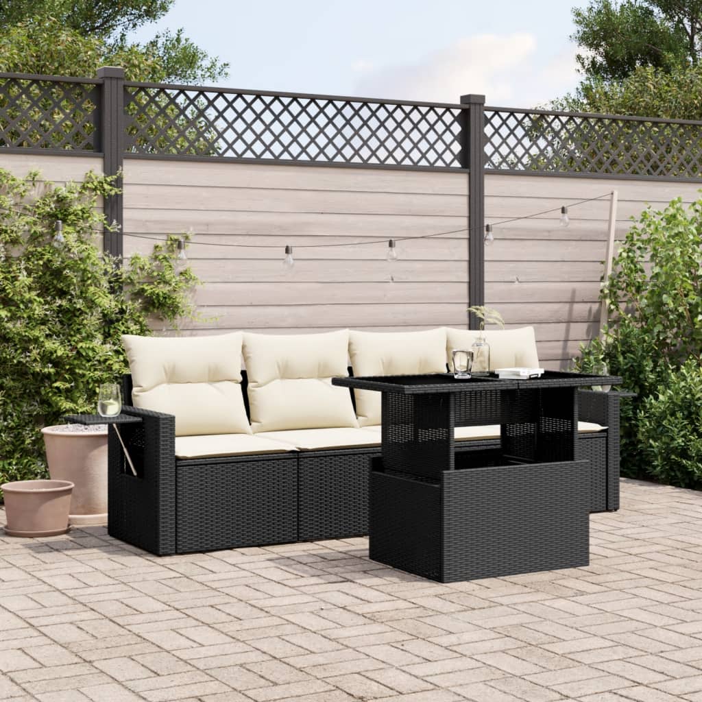 Set mobilier de gradina cu perne, 5 piese, negru, poliratan — imaginea 2