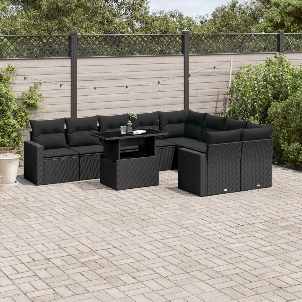 Set canapele de gradina cu perne, 10 piese, negru, poliratan — imaginea 2