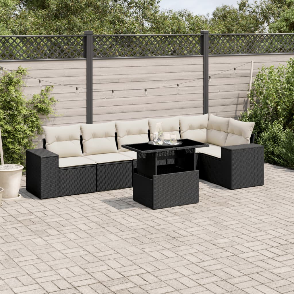Set canapele de gradina cu perne, 7 piese, negru, poliratan — imaginea 2